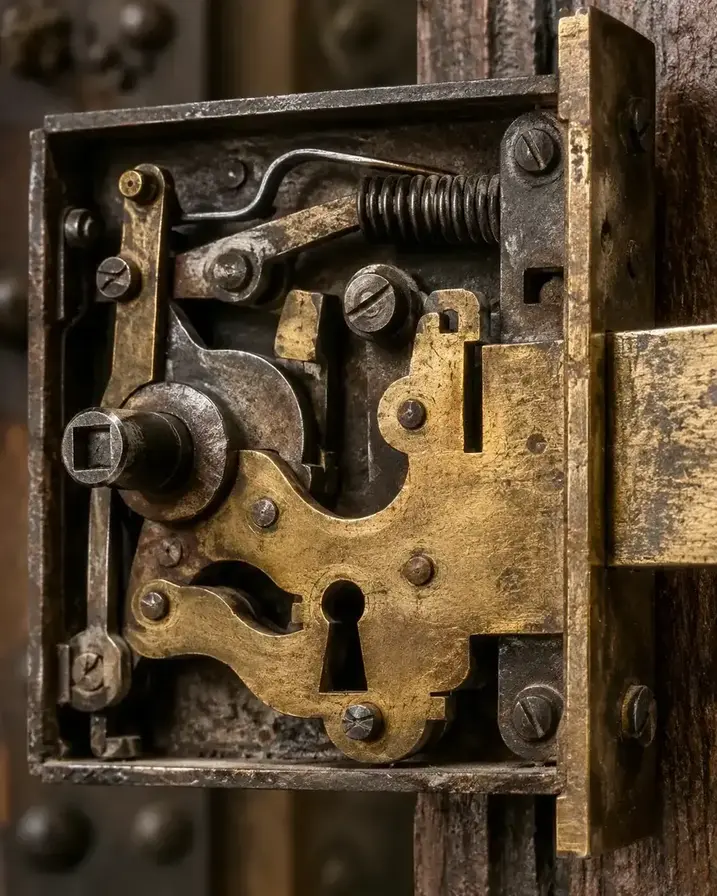 Nahaufnahme eines historischen Schließmechanismus mit Messingteilen