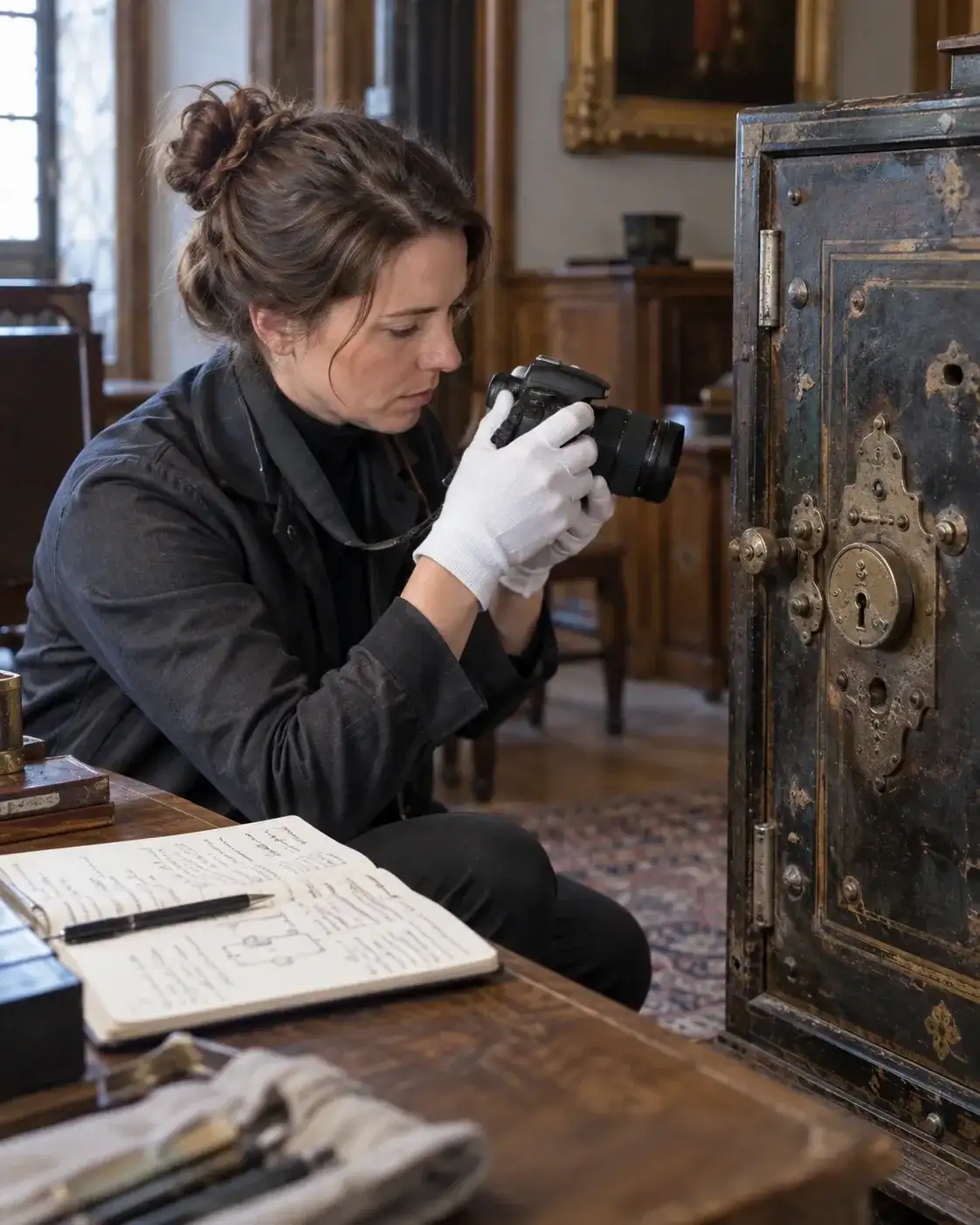 Spezialist dokumentiert ein historisches Schloss mit Kamera und Notizen