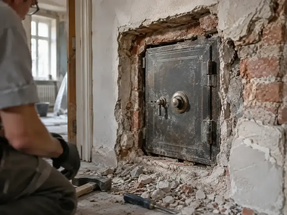 Alter verschlossener Wandtresor, freigelegt bei Renovierungsarbeiten in einem historischen Haus