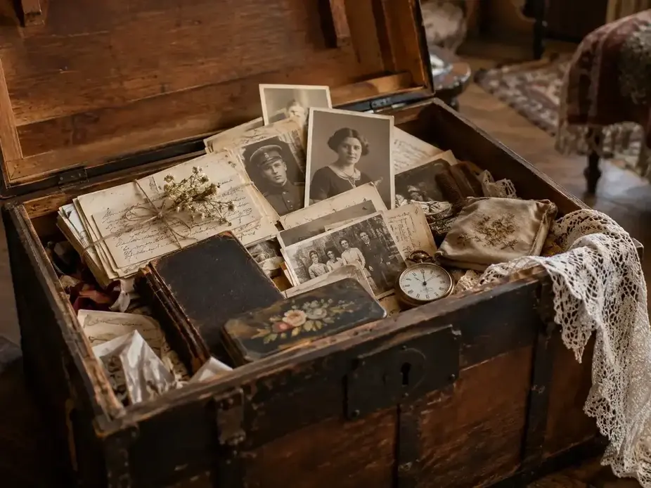 Geöffnete alte Truhe mit historischen Dokumenten, Fotografien und persönlichen Erinnerungsstücken
